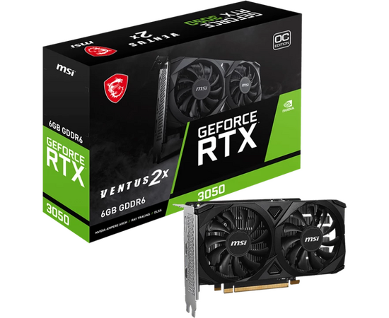  Видеокарта MSI Nvidia GeForce RTX 3050 6 Гб (3050 Ventus 2X E 6G OC) GDDR6 96 бит PCIE 4.0 16x 2xВыход HDMI 1xВыход DisplayPort 