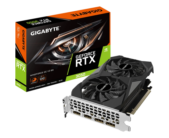  Видеокарта Gigabyte PCI-E 4.0 GV-N3050WF2OCV2-6GD NVIDIA GeForce RTX 3050 6Gb 96bit GDDR6 1477/14000 HDMIx2 DPx2 HDCP Ret 