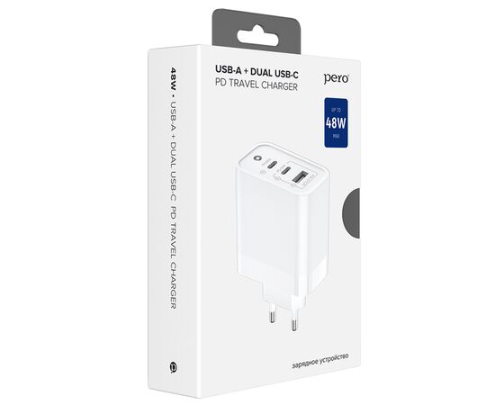  СЗУ PERO TC14 USB-A QC3.0 + USB-C PD + USB-C PD, 48W белый 