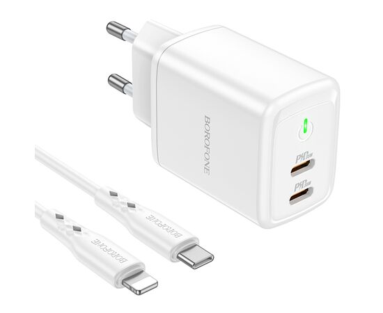  Сетевое зарядное устройство BOROFONE BN9 Reacher 2xUSB-C с Кабелем Type-C - Lightning, 35W, белый 