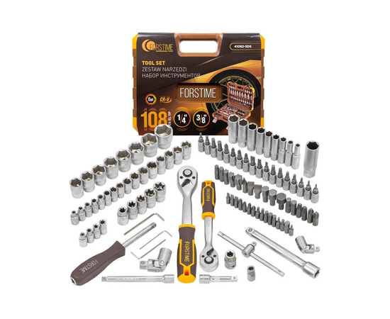  Набор инструментов FORSTIME FT-41082-5DS (57355) в пластиковом кейсе (108 предметов) 1/4", 3/8" 