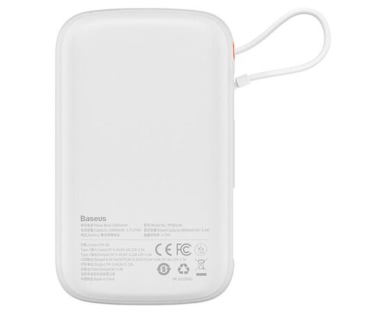  Портативный аккумулятор BASEUS Qpow Pro Digital Display, встроенный кабель Lightning, 3A, 10000 мА⋅ч, белый 