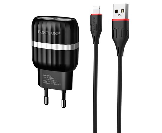  Сетевое зарядное устройство BOROFONE BA24A Vigour 2xUSB с Кабелем USB - Lightning, 2.4A, черный 