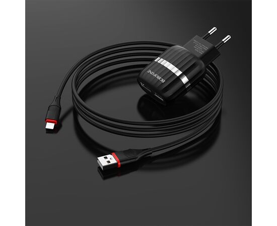  Сетевое зарядное устройство BOROFONE BA24A Vigour 2xUSB с Кабелем USB - Lightning, 2.4A, черный 