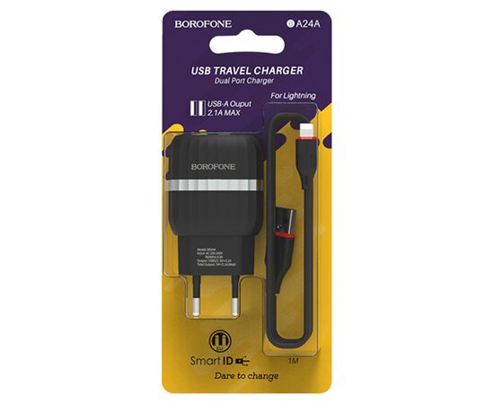  Сетевое зарядное устройство BOROFONE BA24A Vigour 2xUSB с Кабелем USB - Lightning, 2.4A, черный 