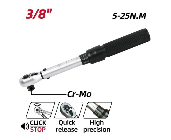  Ключ динамометрический Deli DL170025 предельный 5-25Нм, 3/8", головка Cr-Mo, 72 зуба, точность +/- 3проц., противоскользящая рукоятка, кейс 