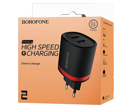  Сетевое зарядное устройство BOROFONE BA7A FlashPlug 2xUSB, 2.4A, черный 